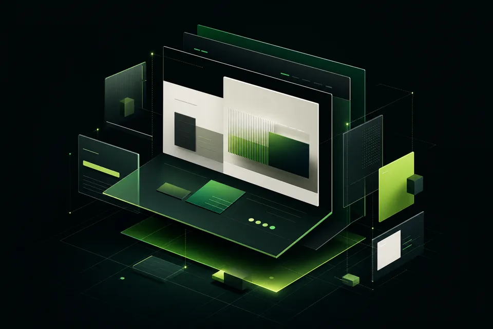 Composición 3D abstracta de capas modulares que forman una interfaz web
